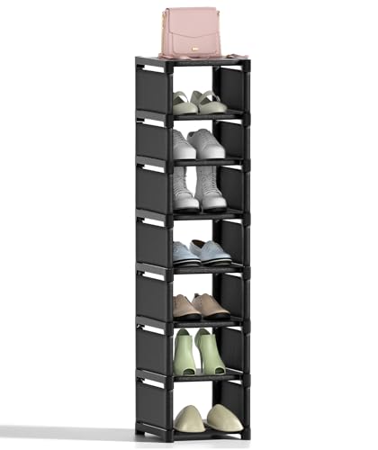 Narrow Shoe Rack 8 Tier, Slim Vertical Shoe Organizer for Small Spaces, Stackable Shoe Storage Shelf with Metal Frame & Fabric Shelves, Shoe Rack for Closet Entryway Bedroom