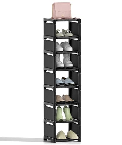 Narrow Shoe Rack 8 Tier, Slim Vertical Shoe Organizer for Small Spaces, Stackable Shoe Storage Shelf with Metal Frame & Fabric Shelves, Shoe Rack for Closet Entryway Bedroom