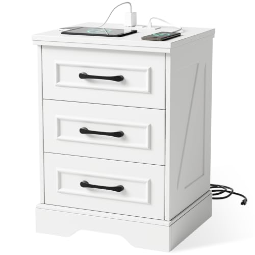 Farmhouse End Table with Charging Station, White Wood Bedside Table with 3 Drawers, Type C, USB Ports & Outlets, Nightstand for Bedroom and Living Room - color: White