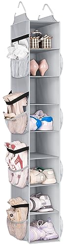 SLEEPING LAMB 8 Shelves Hanging Shoe Rack Hanger, Narrow Hanging Shoe Organizer for Closet Storage Clothes, Gloves, Bags, with 8 Large Mesh Pockets to Hold 16 Pairs Shoes in Dorm, Grey - color: Grey, size: 52''