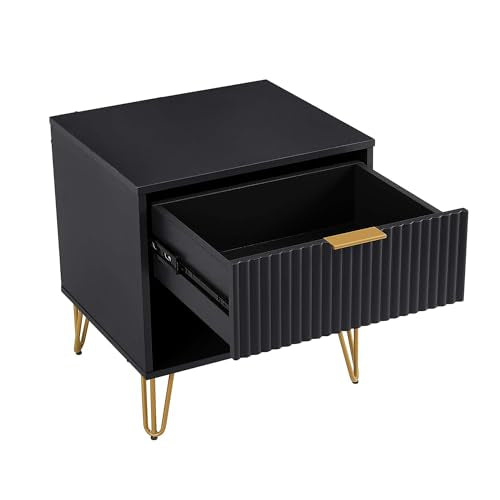 JOSHEN Sturdy Metal Legs Nightstand, Bedside Stand with Textured Drawer, Accent Table for Bedroom for Indoor use, Black - color: Black