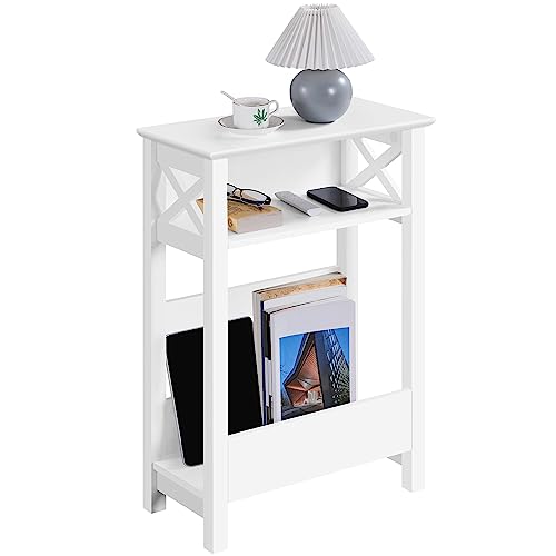 Yaheetech Small Side Table with Storage Shelf, 3-Tier Slim X Shaped End Table with Magazine Rack, Living Room Home Office Balcony Small Spaces, Effortless Assembly, White