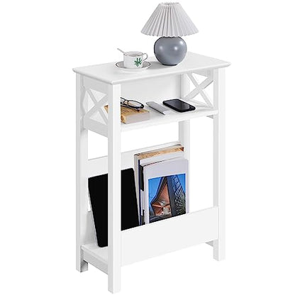 Yaheetech Small Side Table with Storage Shelf, 3-Tier Slim X Shaped End Table with Magazine Rack, Living Room Home Office Balcony Small Spaces, Effortless Assembly, White