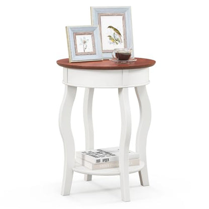 GOFLAME 2-Tier Round End Table, Compact Nightstand with Storage Shelf & Solid Wood Curved Legs, Accent Table, Mid-Century Sofa Side Tables for Living Room, Bedroom, Small Space, White