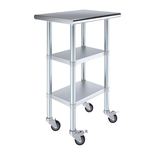 AmGood Stainless Steel Work Table with 2 Shelves and Casters | Metal Utility Table On Wheels (Stainless Steel Work Table with 2 Shelves + Casters, 24" Long x 18" Deep) - size: 24" Long x 18" Deep