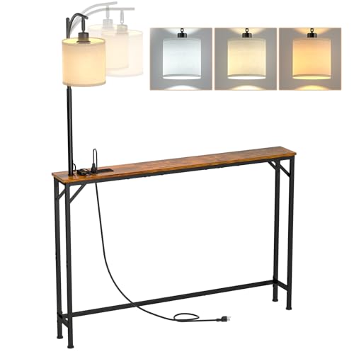 keomaisyto Skinny Sofa Table with Outlet & 3-Color Light, Console Table | 48.1" Behind Couch Table with 3 Color Temperatures Led Bulb, Narrow Console Table for Living Room, Bedroom, Entryway, Hallway - color: Brown, size: 46.1" Long