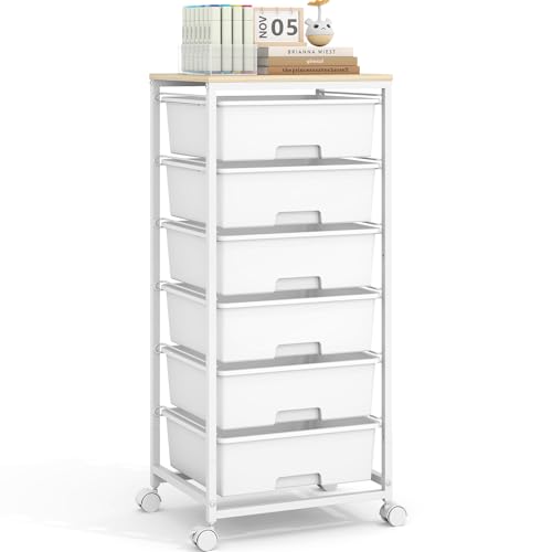 6 Drawer Rolling Storage Cart with Wooden Top and Wheels for Crafts,White | Easy Setup, Large Capacity, Sturdy Build, Lockable Mobility, For office, classroom and art studio supplies - color: White