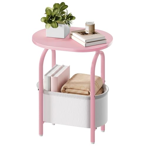 RALGEND Small Round Side Table with Fabric Basket Storage, Oval End Table for Small Spaces, Modern Coffee Bedside Table, Couch Side Table for Living Room, 15.7" X 11.8" X 24", Pink and White 8601BZPK - color: Pink