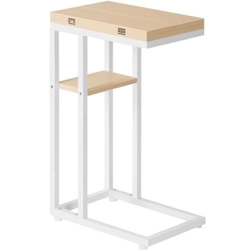 HOOBRO Foldable C Shaped End Table, C Shaped Side Table with Storage Shelf, Small Snack Table, Slide Under Couch Table for Sofa, Living Room Bedroom Small Spaces Easy Assembly, Natural WN29SF01 - color: White + Natural
