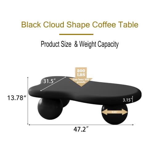 47.2” Cloud Coffee Table with 3 Ball Legs, Modern Irregular Center Table for Living Room, Low Cute Small MDF Tea Table for Bedroom, Space Apartment-Black - color: Cloud -47"black