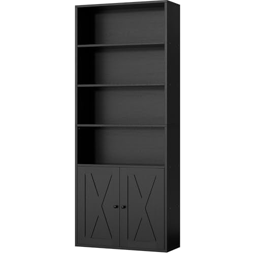 Shintenchi Bookshelf, Industrial Bookshelves and Bookcases with Doors Floor Standing 6 Shelf Display Storage Shelves 70.9 inches Tall Bookcase for Home Office, Living Room (Black) - color: Black
