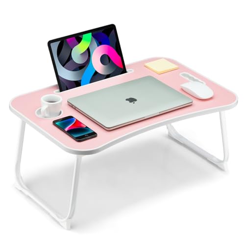 Foldable Lap Desk, Laptop Bed Desk, Portable Lap Table, Laptop Bed Table with Cup Holder & Tablet Slot & Lifting Handle for Working Writing Drawing & Eating - Pink - color: Pink