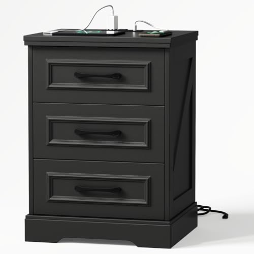 Farmhouse Nightstand with Charging Station, Black Wood Chest 3 Drawer Storage Bedside Table, Night Stand with Type C, USB Ports and Outlets for Bedroom, Living Room - color: Black