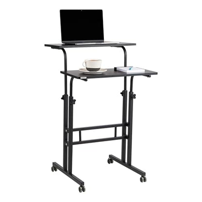 Mind Reader Standing Desk, Adjustable Height Laptop Workstation, Portable Rolling Desk on Wheels, Two-Tier Metal Frame, Black - color: Black