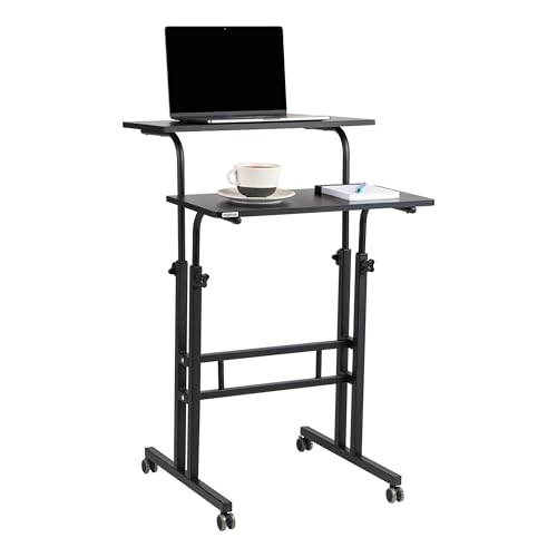 Mind Reader Standing Desk, Adjustable Height Laptop Workstation, Portable Rolling Desk on Wheels, Two-Tier Metal Frame, Black - color: Black