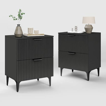 Black Fluted Nightstand Set of 2, Modern Night Stands with 2 Drawers | Bedside Table for Twin/Full/Queen Bed, End Table with Robot-friendly Metal Legs for Bedroom, Living Room - color: 2 Drawers-2pcs-black