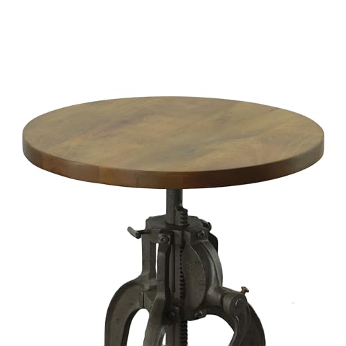 Carolina Chair & Table Adjustable Hand Crank 18" Wooden Top Rustic Side Table - Cast Iron Base Round Accent Table for Farmhouse, Living Room, or Bedroom (Harvest Oak/Industrial) - color: Harvest Oak/Industrial
