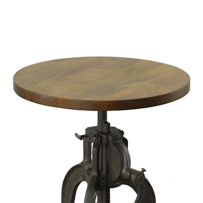 Carolina Chair & Table Adjustable Hand Crank 18" Wooden Top Rustic Side Table - Cast Iron Base Round Accent Table for Farmhouse, Living Room, or Bedroom (Harvest Oak/Industrial) - color: Harvest Oak/Industrial