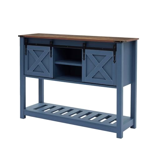 Blue Farmhouse Entryway Table, Rustic Hallway Table with Storage Shelf, Sofa Table with Sliding Barn Doors for Hallway, Entryway, Living Room, Foyer - color: Blue