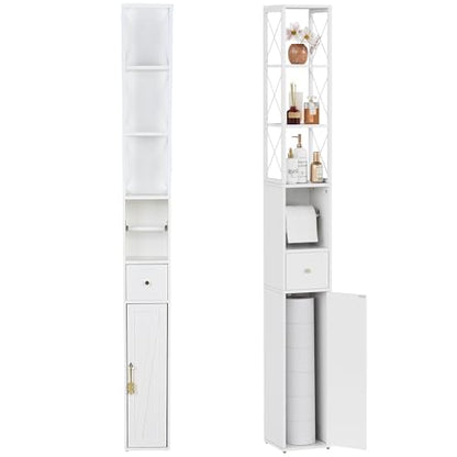 VECELO Narrow Bathroom Storage Cabinet with X-Frame Metal Design, 67" Tall Freestanding Cabinet with Toilet Paper Holder, Slim Tower Cabinet with Magnetic Door & Drawer, for Small Spaces, White - color: Hollow Top