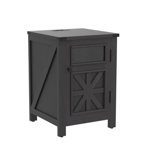 JXQTLINGMU Farmhouse End Table with Charging Station, 18'' Rustic Nightstand with Barn Door & Adjustable Shelf, Wooden Sofa Side Table with 3-Tier Storage for Living Room, Bedroom, Black - color: Black
