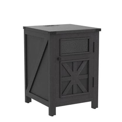 JXQTLINGMU Farmhouse End Table with Charging Station, 18'' Rustic Nightstand with Barn Door & Adjustable Shelf, Wooden Sofa Side Table with 3-Tier Storage for Living Room, Bedroom, Black - color: Black