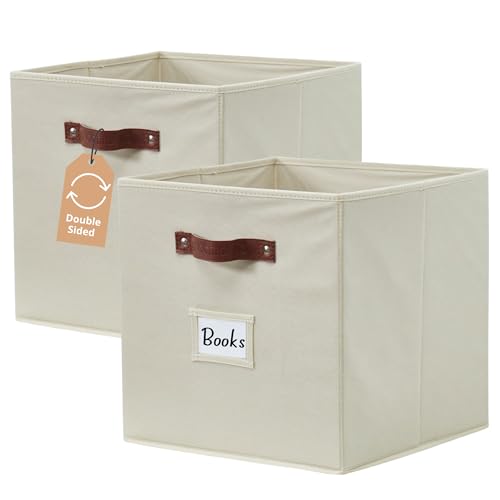 DECOMOMO Storage Bins, Cube Storage Bin with Labels | 10.5" x 11" Fabric Storage Cubes for Shelves (2pcs, Beige) - color: Beige, size: Cube 11" / 2pcs
