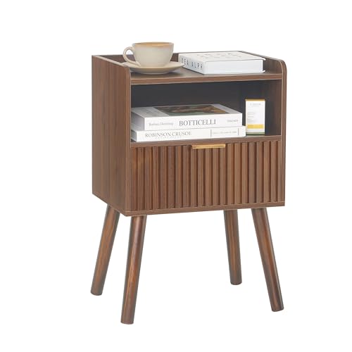 Night Stand, Mid Century Modern Nightstand with Fluted Drawers and Open Shelf, Small Accent Bedside Table for Bedroom, Living Room, and Small Spaces (Walnut Brown) - color: Walnut Brown