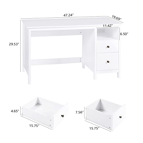Vikiullf White Desk with Drawers, 47” Modern Home Office Study Computer Writing Desk with Storage Cabinet & Open Shelf, Simple Vanity Table for Bedroom