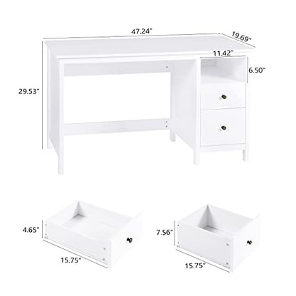 Vikiullf White Desk with Drawers, 47” Modern Home Office Study Computer Writing Desk with Storage Cabinet & Open Shelf, Simple Vanity Table for Bedroom