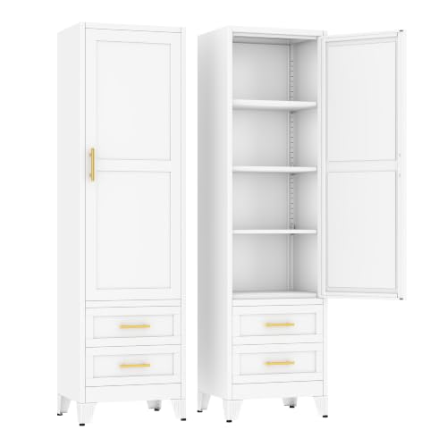 Ckzbx Tall Narrow Storage Cabinet, 66.93" H Tall Bathroom Cabinet Metal Pantry Cabinets with Drawers, 3 Adjustable Shelves, for Kitchen, Bathroom, Home Office, Living Room (White) - color: White, size: 2Door-20"W-2Drawers