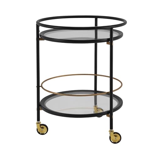 GDFStudio Modern Round Bar Cart with Dual Tempered Glass Shelves, Lockable Wheels and Gold Metal Accents, Rolling Beverage Serving Cart for Living Room, Kitchen or Dining Space,Black and Gold Finish - color: Black,gold