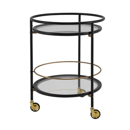 GDFStudio Modern Round Bar Cart with Dual Tempered Glass Shelves, Lockable Wheels and Gold Metal Accents, Rolling Beverage Serving Cart for Living Room, Kitchen or Dining Space,Black and Gold Finish - color: Black,gold