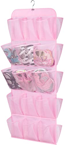 MISSLO 30 Large Pockets Dual Sided Hanging Shoe Organizer for Closet with Rotating Hanger Hanging Shoe Shelves, Pink - color: Pink