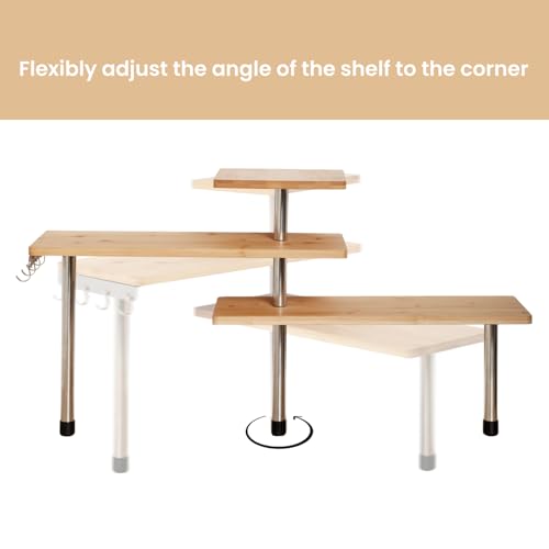 3-Tier Corner Shelf, Bamboo & Metal Storage Rack with Hooks, Adjustable Countertop Organizer for Kitchen, Bathroom, Bedroom or Office