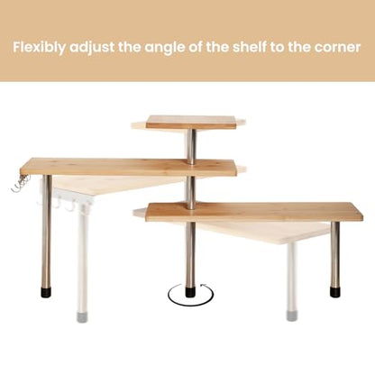 3-Tier Corner Shelf, Bamboo & Metal Storage Rack with Hooks, Adjustable Countertop Organizer for Kitchen, Bathroom, Bedroom or Office
