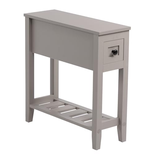 Grey 2 Pack Chairside Narrow End Table with Drawer, Solid Recliner Side Table with Storage Shelf, Slim Nightstand Bedside Table for Bedroom - size: 2 Grey