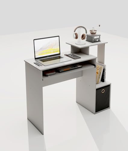 White Computer Desk with Drawers, Small Writing Desk with Storage Shelves for Home Office Bedroom Study Living Room - color: White/Black