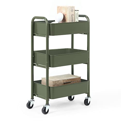 SunnyPoint 3-Tier Delicate Compact Rolling Metal Storage Organizer - Mobile Utility Cart Kitchen/Under Desk Cart with Caster Wheels - Army (15.35" X 10.24" X 26.8"H) - color: Army