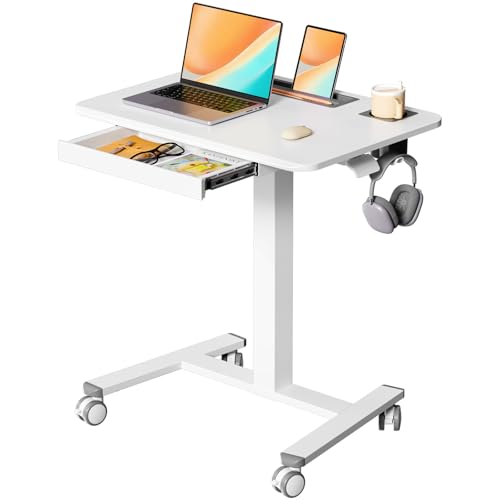 Mobile Standing Desk with Drawer, 28" Rolling Desk with Cup Holder and Hooks, Portable Laptop Cart on Wheels, Height Adjustable Workstation with Storage for Home Office, White - color: White, size: 28"