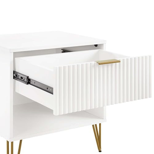 JOSHEN Sturdy Metal Legs Nightstand, Bedside Stand with Textured Drawer, Accent Table for Bedroom for Indoor use, White - color: White