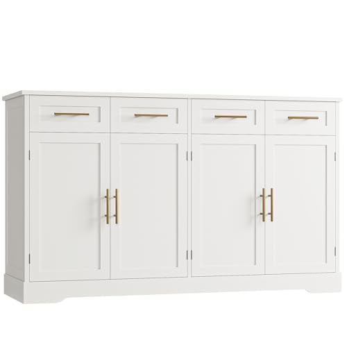 HOSTACK 60" W Sideboard Buffet Cabinet with Storage, Kitchen Cabinet, White | 36" Tall Kitchen Buffet Storage Cabinet with 4 Drawers, Large Coffee Bar Cabinet, Modern Buffet Table for Dining Living Room - color: White