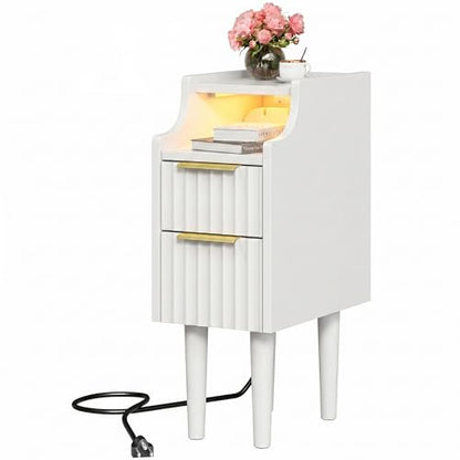 Fluted Narrow Nightstand with Charging Station, Solid Wood Night Stand with 2 Drawers, White Mid Century Modern Led Nightstand, Small Beside Table with Open Storage Shelf for Bedroom （10 inch） - color: White