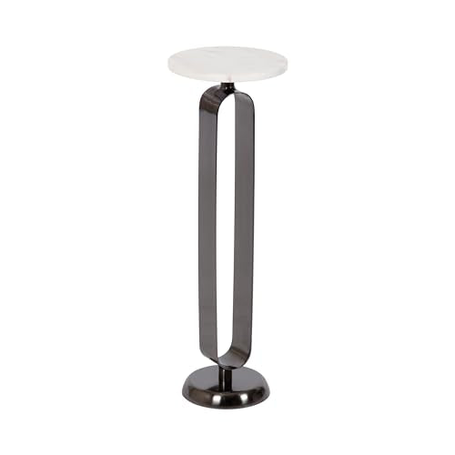 Kate and Laurel Helio Modern Round Drink Table; 8 x 8 x 24; White and Gray Gunmetal; Natural Marble Cocktail Table for Small Spaces and Use as Small Plant Stand or Nightstand