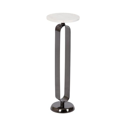 Kate and Laurel Helio Modern Round Drink Table; 8 x 8 x 24; White and Gray Gunmetal; Natural Marble Cocktail Table for Small Spaces and Use as Small Plant Stand or Nightstand