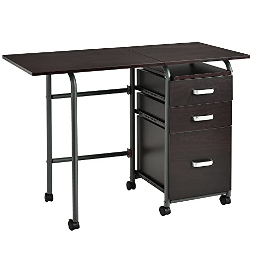 Tangkula Folding Computer Desk with 3 Drawers, Mobile Home Office Desk, Portable Laptop Desk Writing Table, Space Saving Compact Desk for Small Spaces, Dorm, Apartment - color: Brown