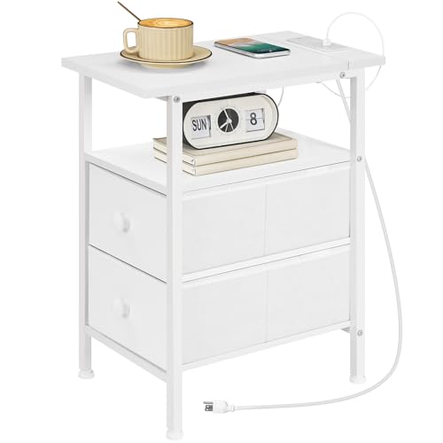 HOOBRO End Table with Charging Station, Narrow Side Table, Nightstand with 2 Non-Woven Drawers, Slim Sofa Side Table, for Small Spaces, Living Room, Bedroom, White WT486UBZ01 - color: White, size: 11.8"L x 18.9"W x 23.6"H