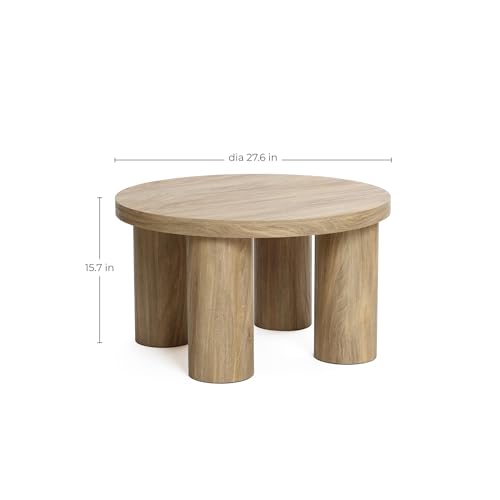 LuxenHome Round Coffee Table with 4 Pillar Legs, 27.5'' Wide Accent Center Table, Modern Farmhouse Oak Finish Wooden Low Cocktail Tea End Table with Sturdy Base for Living Room Home Office - color: Dark Oak-l
