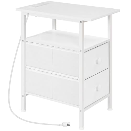 HOOBRO End Table with Charging Station, Narrow Side Table, Nightstand with 2 Non-Woven Drawers, Slim Sofa Side Table, for Small Spaces, Living Room, Bedroom, White WT486UBZ01 - color: White, size: 11.8"L x 18.9"W x 23.6"H