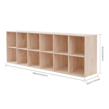Wooden 12 Cube Shelf Bookcase, Floorstanding Bookshelf with Open Compartments & Back Panel 70.87x11.81x23.62 Inch, Solid Wood Cube Storage Organizer for Living Room, Bedroom (12 Cube) - size: 12 Cube